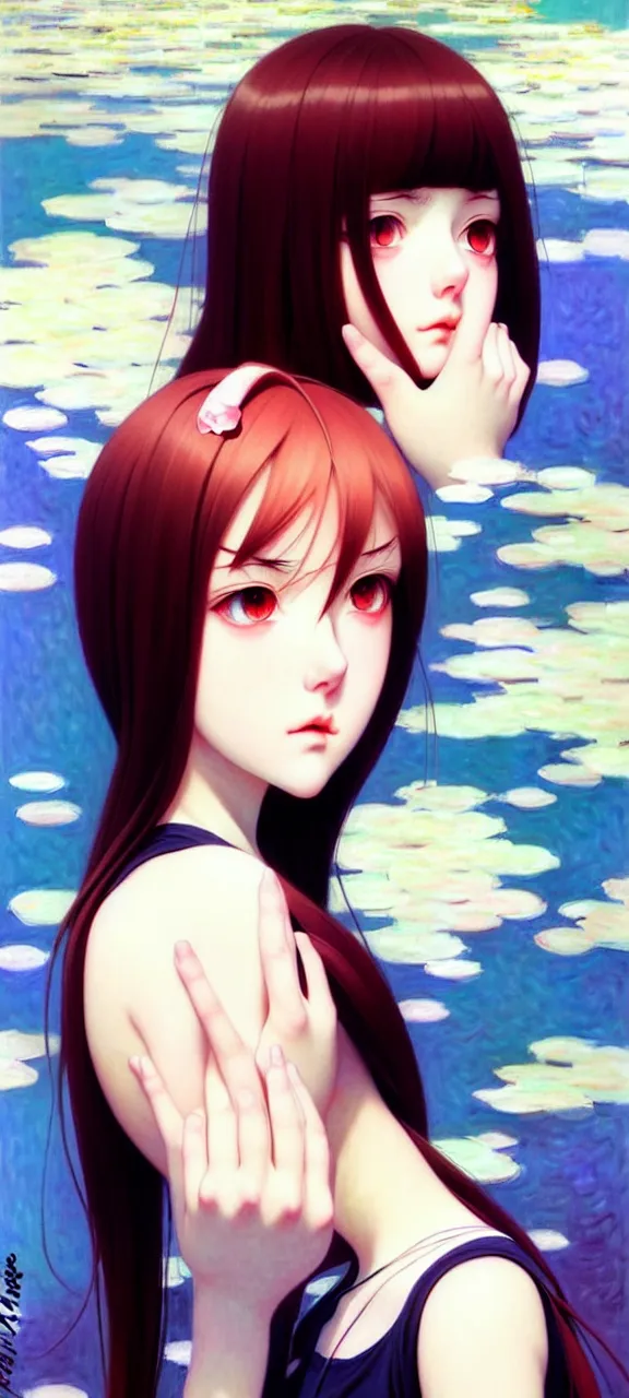 Image similar to a beautiful youth teenage depressed ocd psychotic popular girl in school struggling with morbid thoughts realized, angry eyes, soft skin, magnificent art by ilya kuvshinov, claude monet, range murata, artgerm, norman rockwell, highly detailed intricately sharp focus, bedroom eyes trending on pinterest, tiktok 4 k uhd image