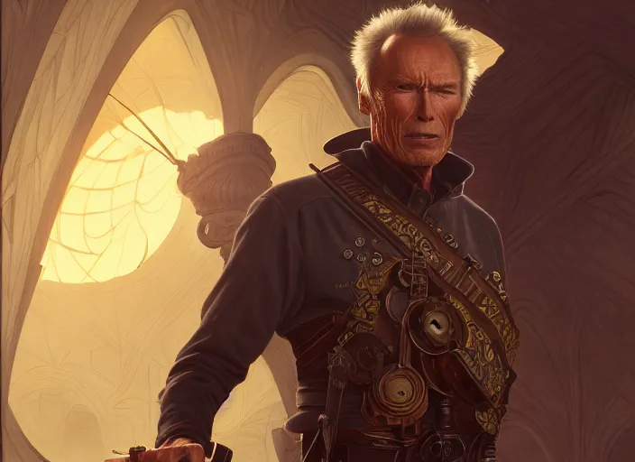 Image similar to clint eastwood as oscar diggs, intricate, d & d, wizard, fantasy, art nouveau, digital painting, trending on artstation, sharp focus, wide shot, illustration, global illumination, ray tracing, art by artgerm and greg rutkowski and ruan jia