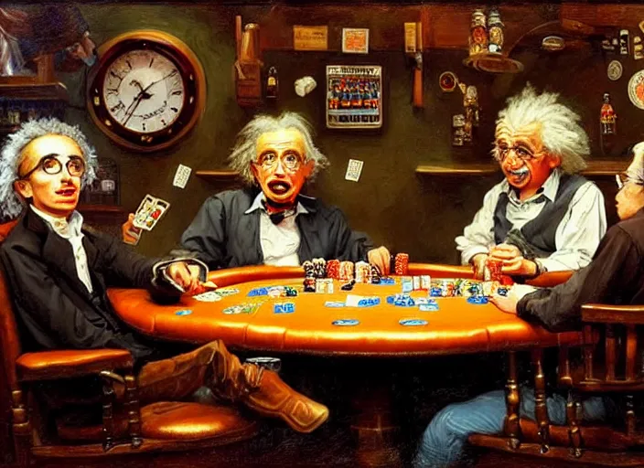Prompt: playing poker in a saloon, Isaac Newton and Stephen Hawking and Albert Einstein, trending on artstation, Richard Schmid and norman rockwell