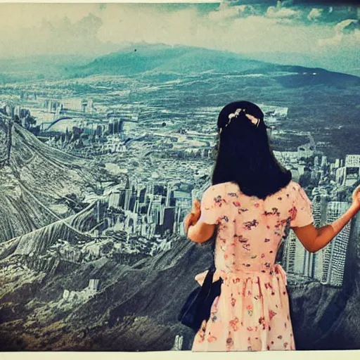 Prompt: dressed beautiful girl looking from the edge of the mountain on the giant city of cats below, highly detailed photo portrait, nostalgic, polaroid, calm