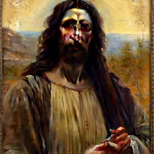 Prompt: detailed rendered 8 k photograph imax and solomon joseph solomon and richard schmid and jeremy lipking victorian loose genre loose painting full length portrait painting of jesus