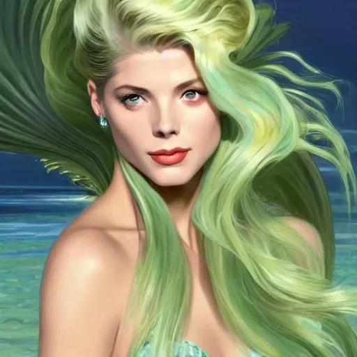 Image similar to A combination of Grace Kelly's and Katheryn Winnick's and Ashley Greene's faces with light green hair as a mermaid on the beach, western, fantasy, intricate, elegant, highly detailed, digital painting, artstation, concept art, matte, sharp focus, illustration, art by Artgerm and Greg Rutkowski and Alphonse Mucha