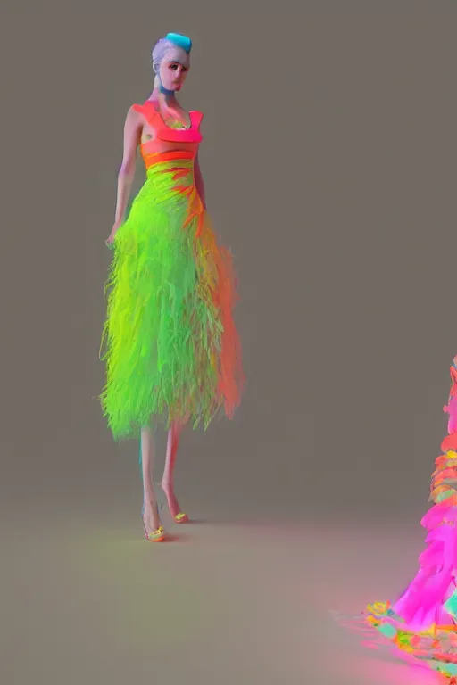 Prompt: a scene with a character wearing a super colorful fluo dress, vivienne westwood, detailed photoreal render octane render