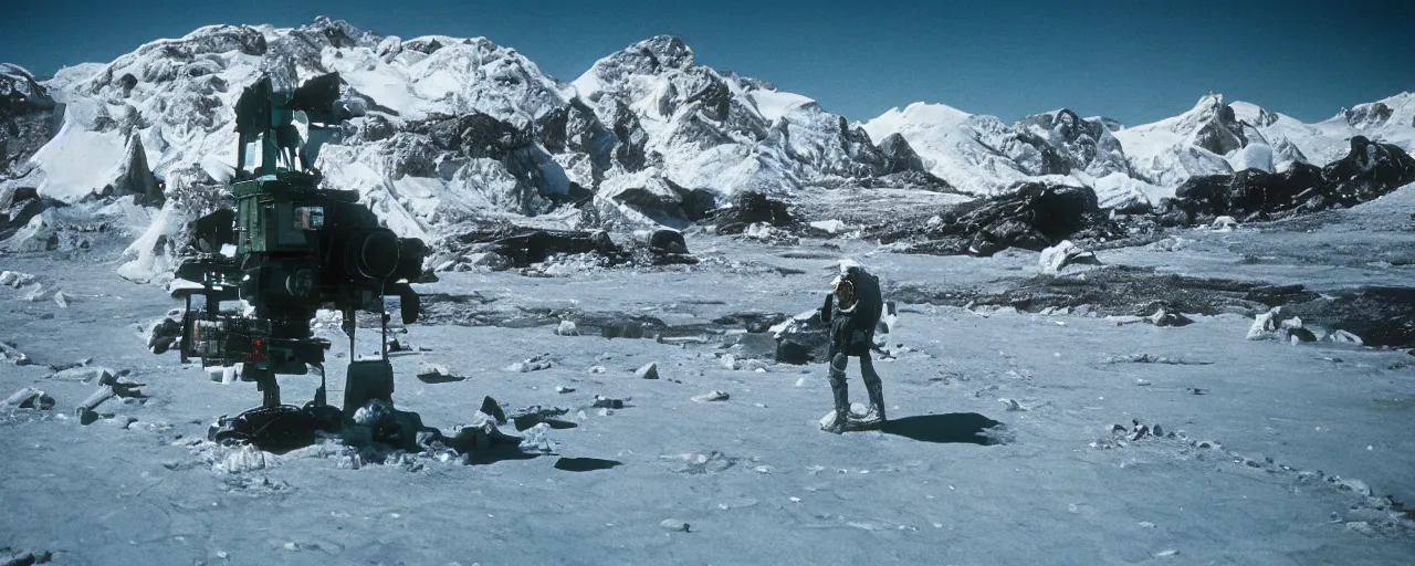 Image similar to the frozen tundra on an alien planet, mountains in the background, carbon based life forms playing, national geographic, canon 5 0 mm, cinematic lighting, photography, retro, film, kodachrome