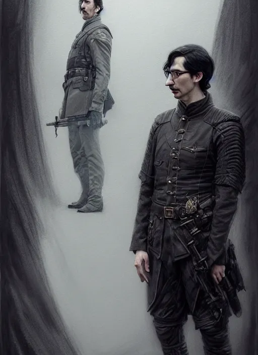 Image similar to a portrait of john oliver standing next to adam driver, stoic, military uniform, fantasy, intricate, elegant, beautiful, highly detailed, charcoal, centered, dark, smokey, digital painting, artstation, concept art, smooth, sharp focus, illustration, art by krenz cushart and wenjun lin