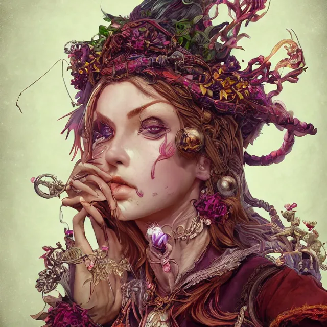 Prompt: the portrait of chaotic good female druid alchemist as absurdly beautiful, gorgeous, elegant, young gravure idol, an ultrafine hyperdetailed illustration by kim jung gi, irakli nadar, intricate linework, sharp focus, bright colors, octopath traveler, final fantasy, unreal engine 5 highly rendered, global illumination, radiant light, detailed and intricate environment