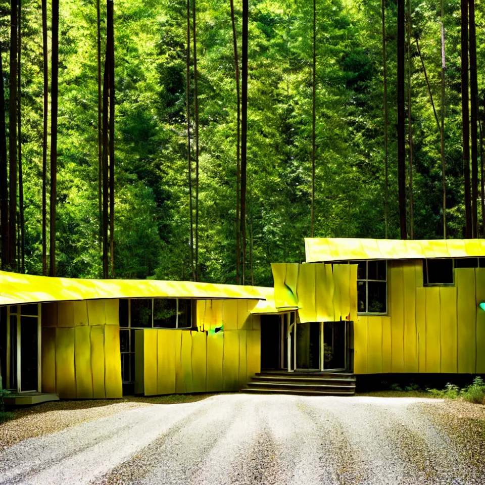 Image similar to a gravel road leading to a mid-century modern house with large windows in a forest, designed by Frank Gehry. Big tiles. Film grain, cinematic, yellow hue