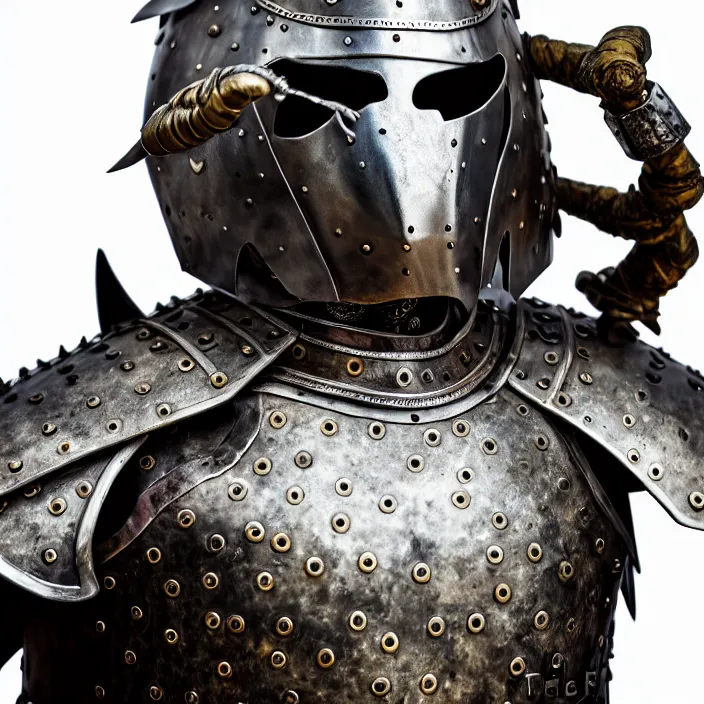 Image similar to photo of a warrior with metal dog themed armour, highly detailed, 4 k, hdr, smooth, sharp focus, high resolution, award - winning photo