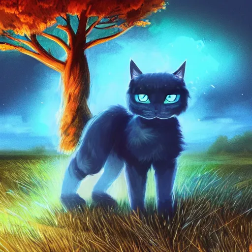 Prompt: illustration of glowing cute blue warrior cat in grassy field, tree, detailed concept art, artstation, warrior cats, shading,
