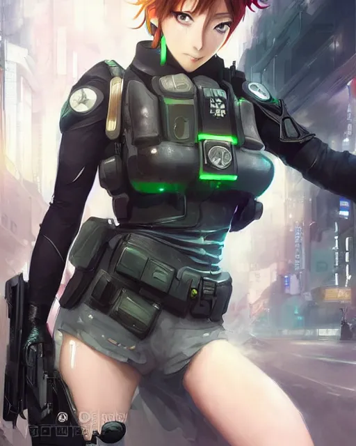 Image similar to nami, anime key visual of a young female swat officer, neon, cyberpunk, futuristic, white top, black vest, stunning, highly detailed, digital painting, smooth, soft focus, illustration, 4 k digital art from artstation by artgerm and greg rutkowski and alphonse mucha