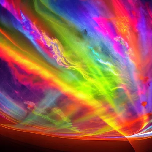 Image similar to psychedelic multicolor clouds, god rays, volumetric lighting, dynamic intricate ornate