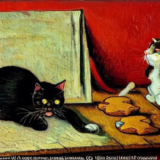 Image similar to an oil painting of a cat baking cookies in the style of van gogh, matisse, caravaggio and raphael