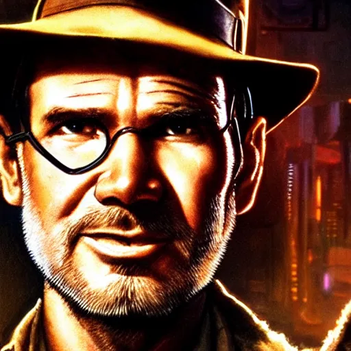 Image similar to a high quality portrait of Indiana Jones in a cyberpunk cyberpunk cyberpunk cafe, realism, 8k, award winning photo