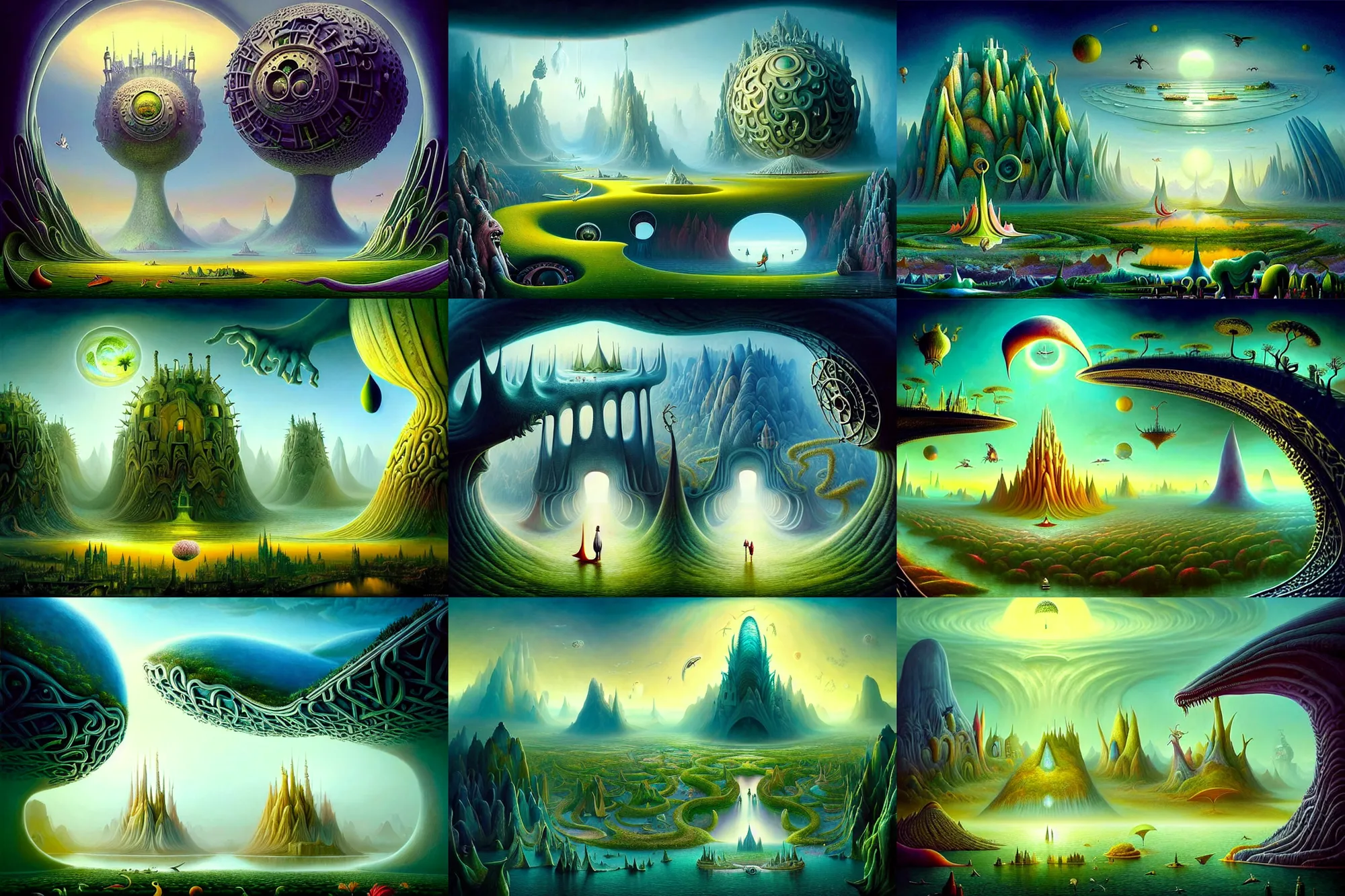 Prompt: a beautiful epic stunning amazing and insanely detailed matte painting of alien dream worlds with surreal architecture designed by Heironymous Bosch, mega structures inspired by Heironymous Bosch's Garden of Earthly Delights, vast surreal landscape and horizon by Cyril Rolando and Andrew Ferez, rich pastel color palette, masterpiece!!, grand!, imaginative!!!, whimsical!!, epic scale, intricate details, sense of awe, elite, fantasy realism, complex composition, 4k post processing