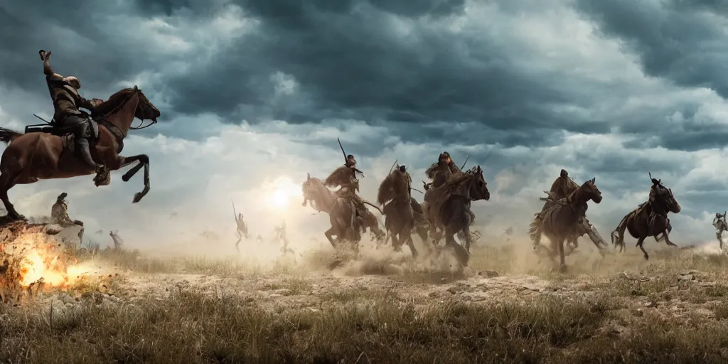 Prompt: promotional movie still rendered in 8 k hq 3 d octane ue 5, of an action shot from little bighorn, majestic action, focusing on the offset center of the scene, intense dramatic hdr, natural light, cinematic lighting, extremely high detail, photorealistic