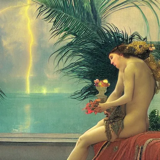 Image similar to Demon Girl at the palace, refracted sparkles, thunderstorm, greek pool, beach and Tropical vegetation on the background major arcana sky, by paul delaroche, alphonse mucha and arnold böcklin, hyperrealistic 8k, award-winning, very very very detailed