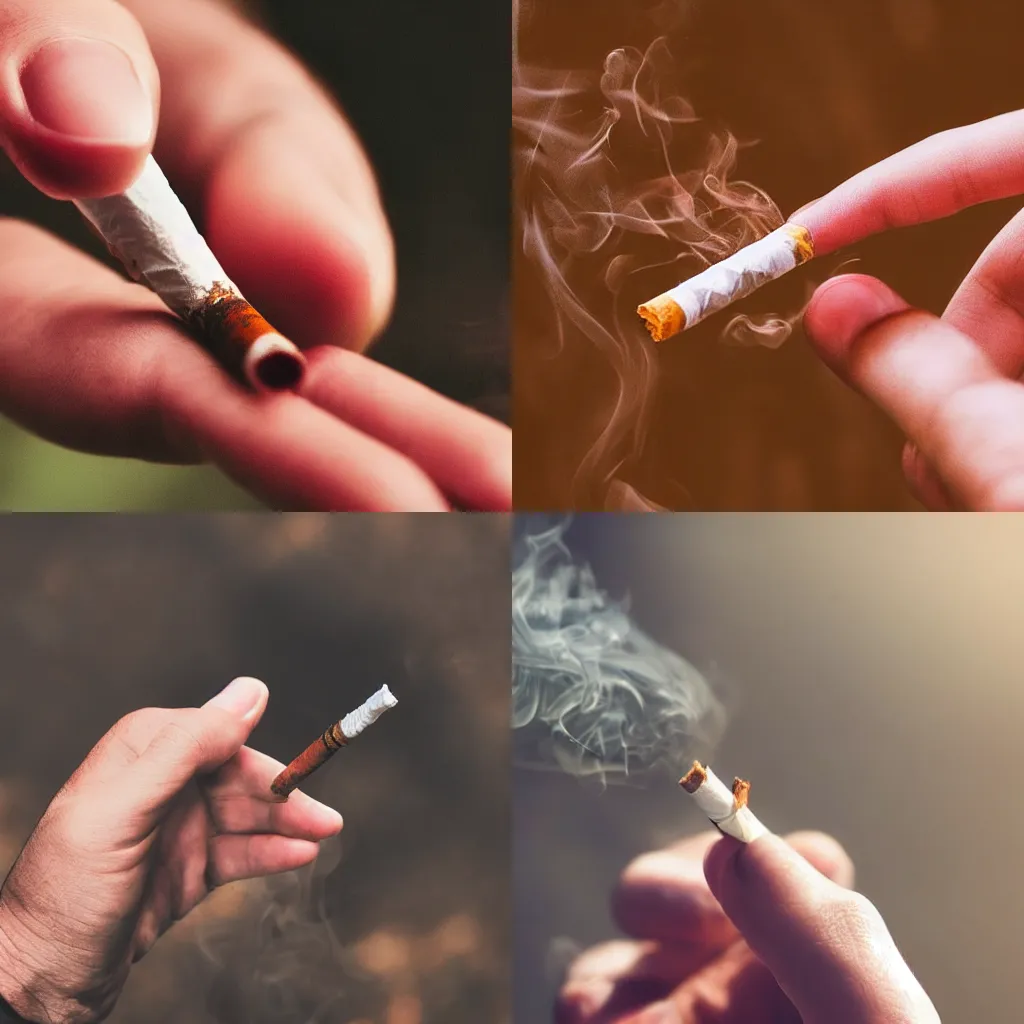 Prompt: Close-up of hand holding cigarette with long smoke, realistic photo, 4K