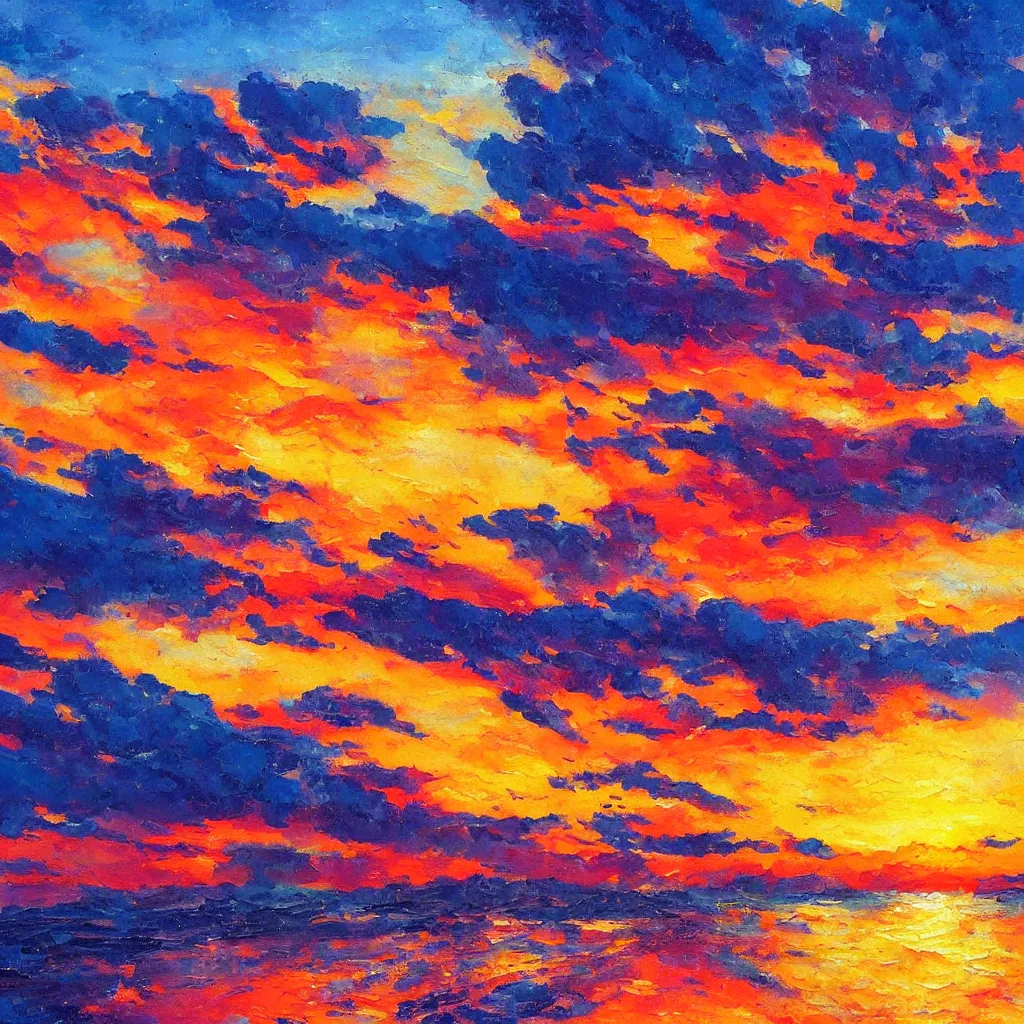 Image similar to an impasto oil painting of a stunning, colorful sunset painted by ken hong leung