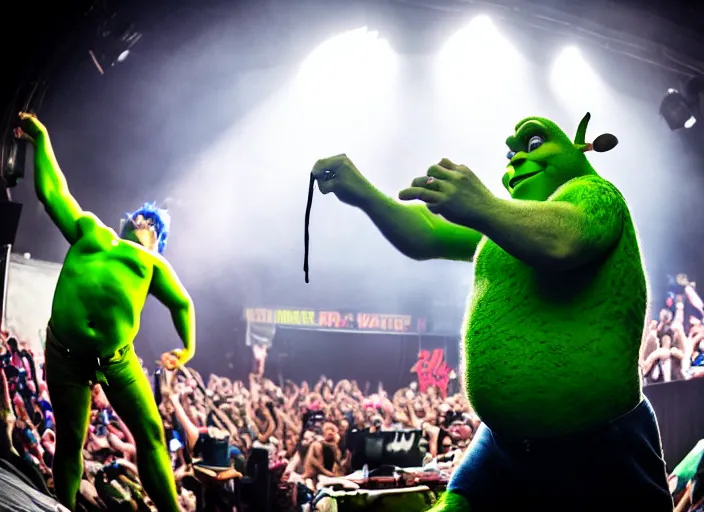 Image similar to photo still of shrek at the vans warped tour 2 0 1 8!!!!!!!! at age 3 6 years old 3 6 years of age!!!!!!!! getting lit in the pit, 8 k, 8 5 mm f 1. 8, studio lighting, rim light, right side key light