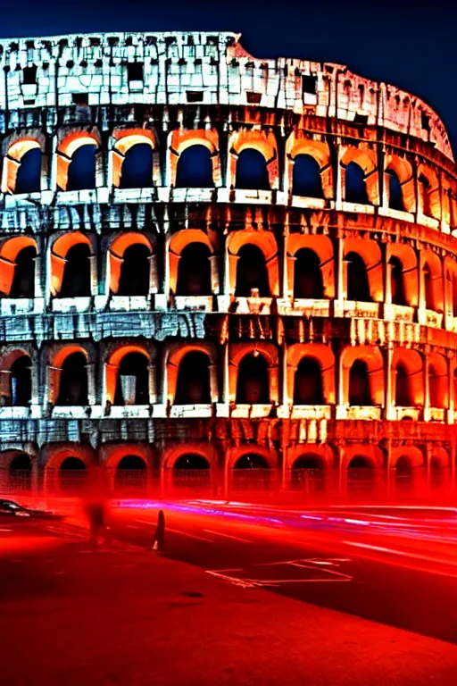 Image similar to neon streets of rome with colosseum in background, 4 k, award winning photo, cyberpunk style