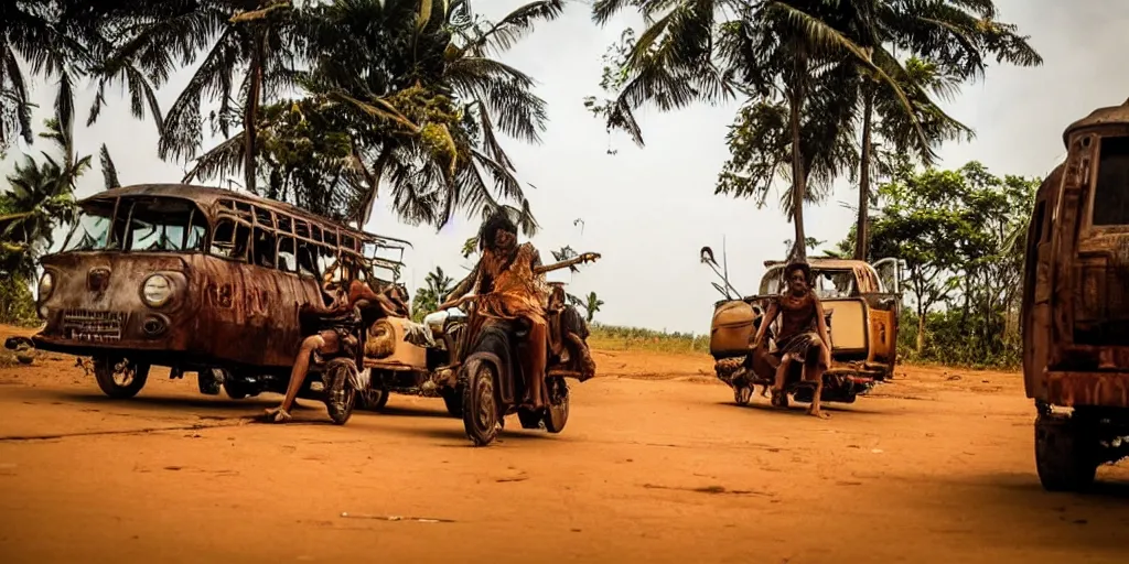 Image similar to sri lankan mad max style, tuk tuk, film still, epic shot cinematography, rule of thirds