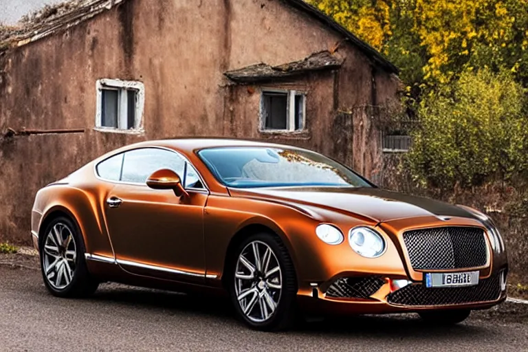 Prompt: modern rusty Bentley Continental GT without gloss no reflections drives along the road of an old Russian village with houses at the edges