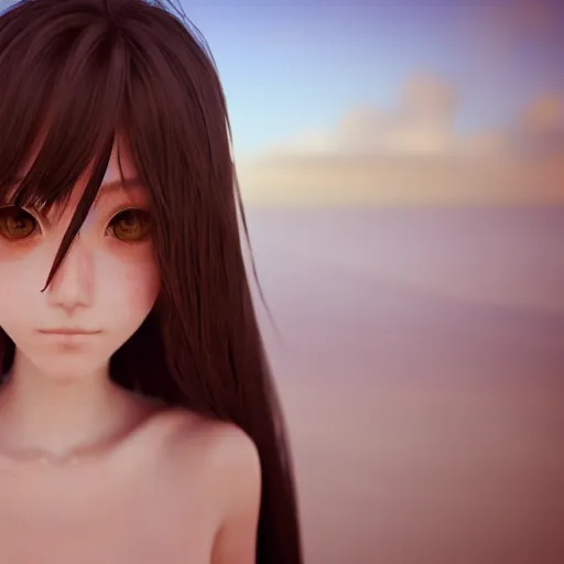 Image similar to Render of a very beautiful 3d anime girl, long hair, hazel eyes, cute freckles, full round face, short smile, cute, golden hour, serene beach setting, medium shot, mid-shot, highly detailed, trending on Artstation, Unreal Engine 4k