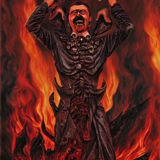 Image similar to igor ivanovich strelkov became an bloody angry degraded satanic hellfire demon calling for total mobilization, photo - realistic, color image, 2 k, highly detailed, bodyhorror, occult art