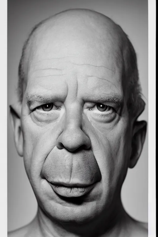 Image similar to studio portrait of man that looks excactly like homer simpson, lookalike, as if homer simpson came to life, soft light, black background, fine details, close - up, award winning photo by herb ritts