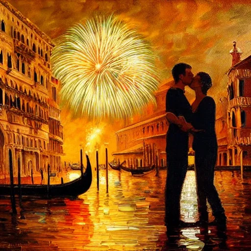 Image similar to an oil painting of couple kissing, in a background fireworks in venice