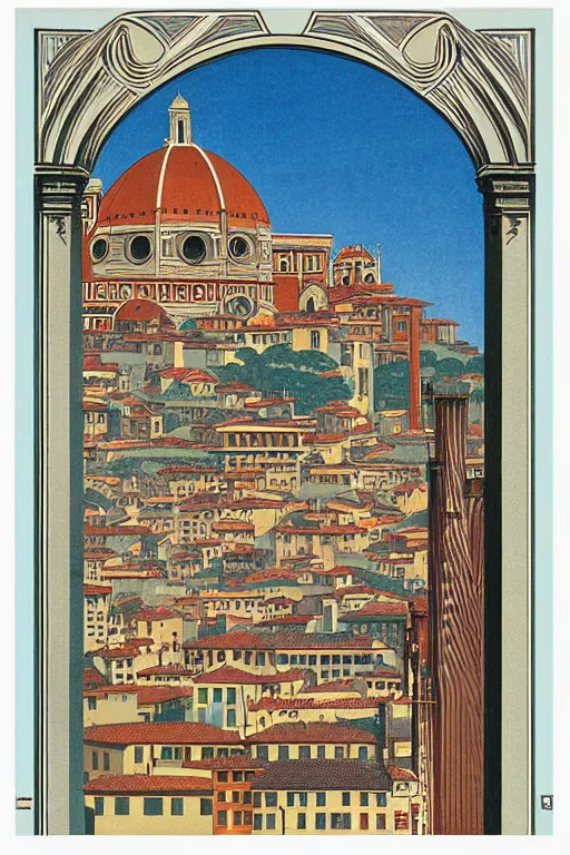 Image similar to resplendent art deco hi res print of Florence, Italy by Hasui Kawase and Lyonel Feininger