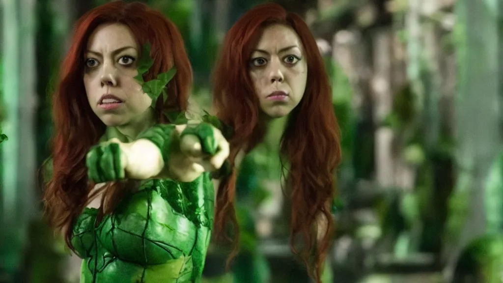 Image similar to Aubrey Plaza as Poison Ivy in The Dark Knight, green skin film still from the movie directed by Denis Villeneuve, wide lens