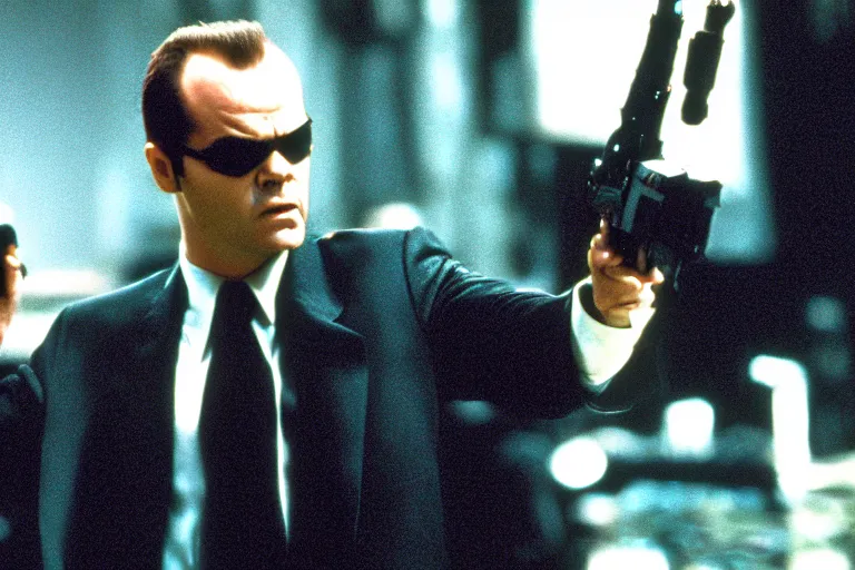 Prompt: Jack Nicholson as Agent Smith on the matrix, 1999, cinematic composition, cinemascope,