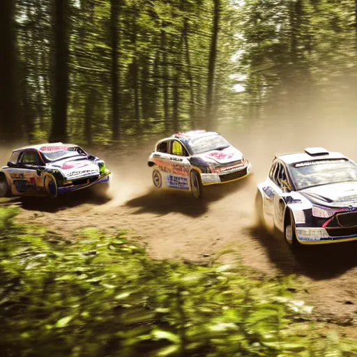 Prompt: 3 rally cars racing through a forest with a river behind them, sun shining through the trees, motion blur high detail ultra realistic 8k,-W 1024