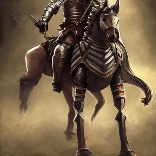 Prompt: Medieval knight riding on an armored horse, looking at the camera, digital art, realistic, detailed, artstation