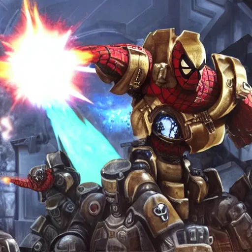 Prompt: warhammer space marines and starcraft 2 terrans doing the spider-man finger-pointing meme