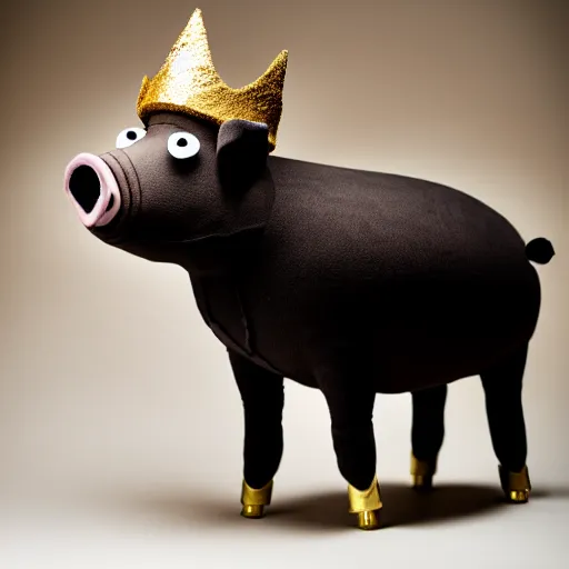 Image similar to studio photograph of a pig wearing a gold crown depicted as a muppet fighting stance