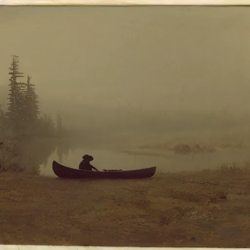 Prompt: hunter sitting in a canoe, alone in the wilderness, foggy, misty morning, early spring, boreal forest, 19th century