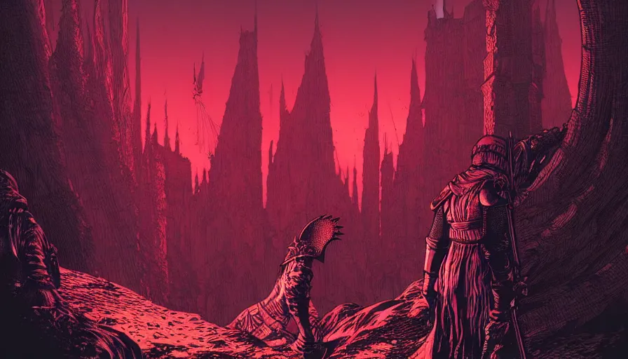 Prompt: dark souls 3 by moebius and kilian eng, atmospheric, fine details, vivid, neon, masterpiece