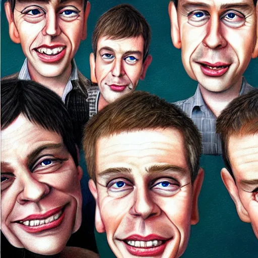 Prompt: Caricature portraits done of the band Blur, realistic, hyperrealistic, very realistic, highly detailed, very detailed, extremely detailed, detailed, oil painting, digital art, trending on artstation