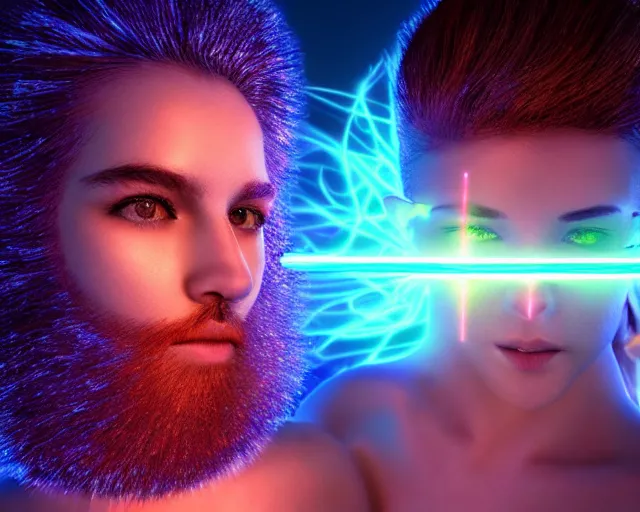 Image similar to glowing hair, complex cybernetic beings, beautiful hairy humanoids, cybermagnetosphere, cybernetic civilizations, ornate hair, love, joy, vortexes, large arrays, data holograms, 8 k, cinematic light shadows, wet hdr refractions, *, * * *, * * * * *