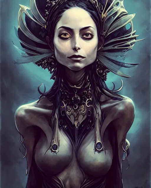 Image similar to style of ellen jewett, artgerm : : gorgeous willa holland : : evil witch, swirling black magic, black dress : : symmetrical face, symmetrical eyes : : full body pose : : gorgeous black hair : : magic lighting, low spacial lighting : :