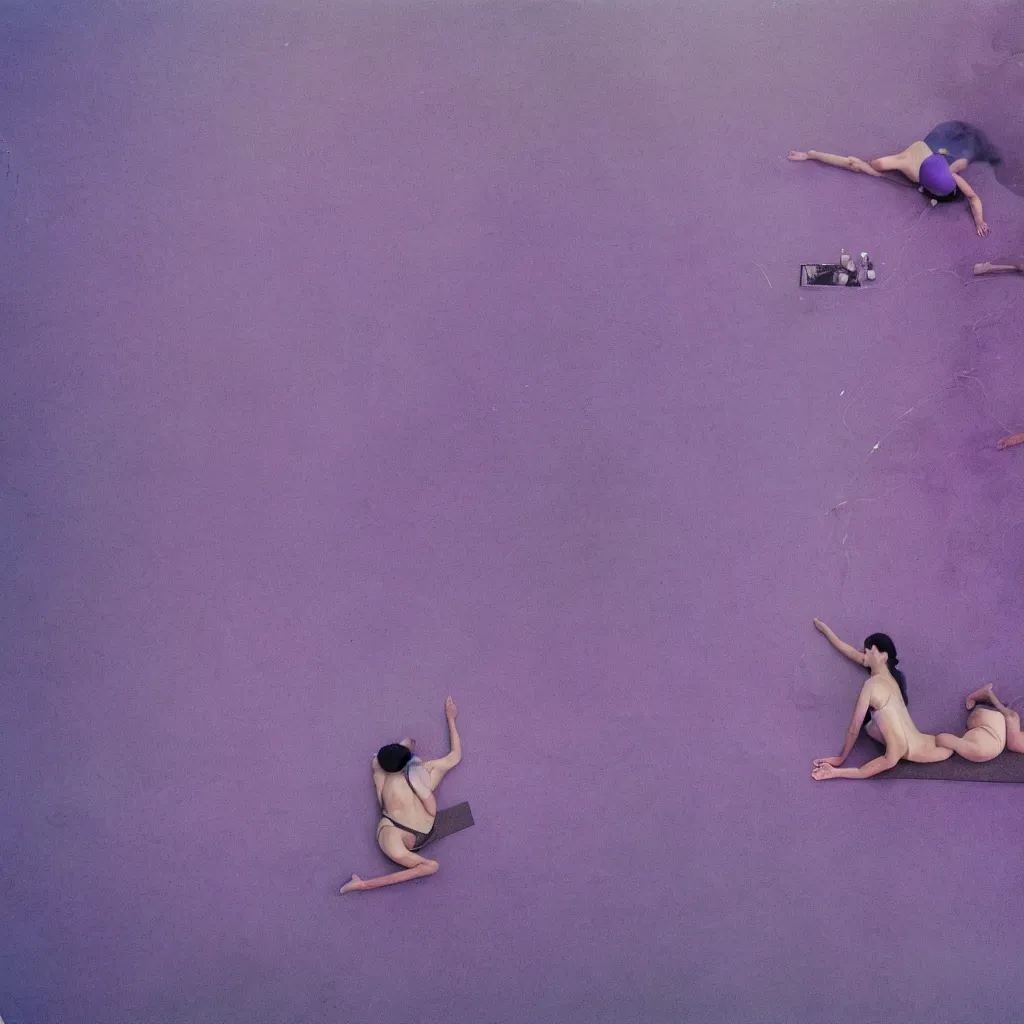 Image similar to aerial view of iridiscent oil spill in sahara with women corpses connected by cables and computers to wax forms to a buried baby relaxing on yoga mat, faded, purple gradient, dust, purple fog, depth of field, by werner herzog, hans bellmer and nadav kander, 8 k, sad atmosphere, cinematic