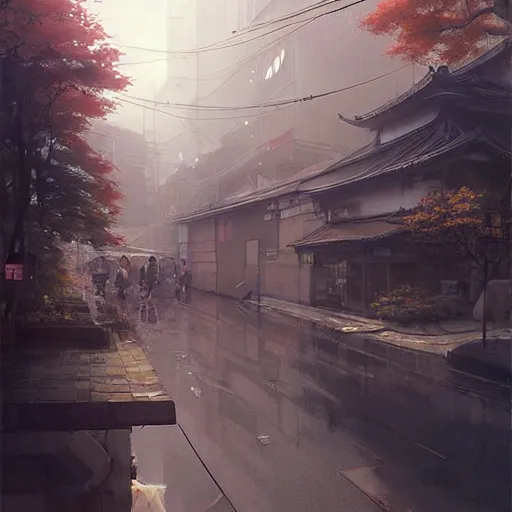 Prompt: walking from naka - meguro, tokyo. volumetric lighting, spring late morning, nice slight overcast weather, realistic illustration, perfectly shaded, soft painting, art by krenz cushart and wenjun lin