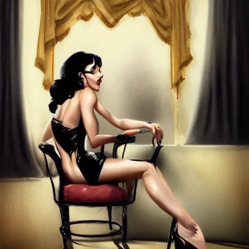 Prompt: a woman with black hair sitting on a chair in a run down hotel room upset, muscular upper body, abs, d & d, fantasy, intricate, elegant, highly detailed, digital painting, artstation, concept art, smooth, sharp focus, illustration, art by rolf armstrong