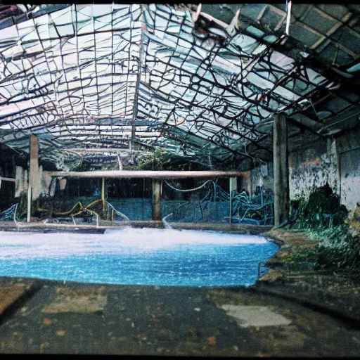 Prompt: a photo of an abandoned water park from the 1 9 9 0 s at night, disposable film