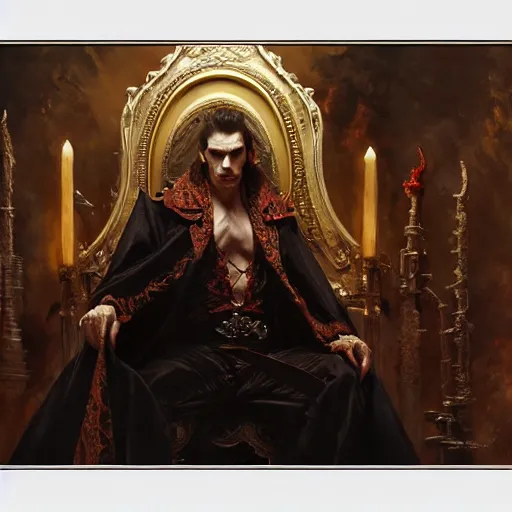 Image similar to perfectly centered portrait of attractive vampire king in a robe sitting on a throne of bones, highly detailed painting by gaston bussiere, craig mullins, j. c. leyendecker, 8 k