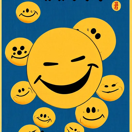 Image similar to melting smiley faces poster in the style of ukiyo - e, 4 k, hd, very detailed and clear