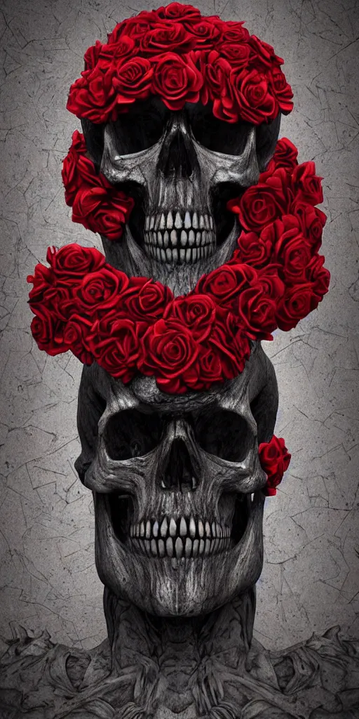 Image similar to skull made of red roses, organic horror, devil, death, giger, epic, baroque, art nouveau, james jean, photorealistic render, 3 ds max + v - ray, extremely detailed and intricate, center composition, elegant, vfx, unreal engine 5, octane render, extremely contrast, extremely sharp lines