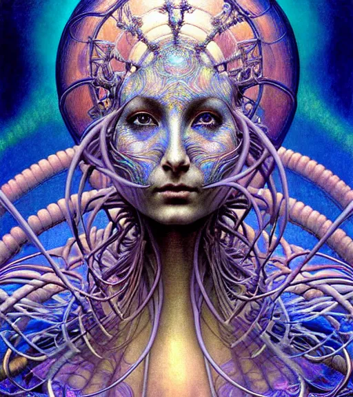 Image similar to detailed realistic iridescent beautiful young cher cyber alien fractal queen of mars portrait by jean delville, gustave dore and marco mazzoni, art nouveau, symbolist, visionary, baroque. horizontal symmetry by zdzisław beksinski, iris van herpen, raymond swanland and alphonse mucha. highly detailed, hyper - real, beautiful